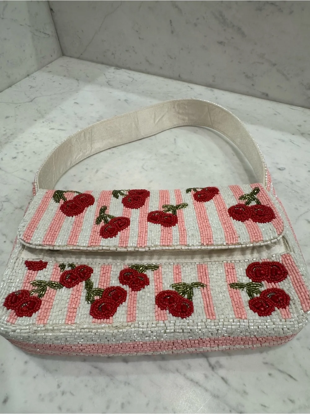 🍒Handcrafted in India Viral Beaded Cherry Shoulder Bag Cherries Pink Striped - Picture 2 of 13